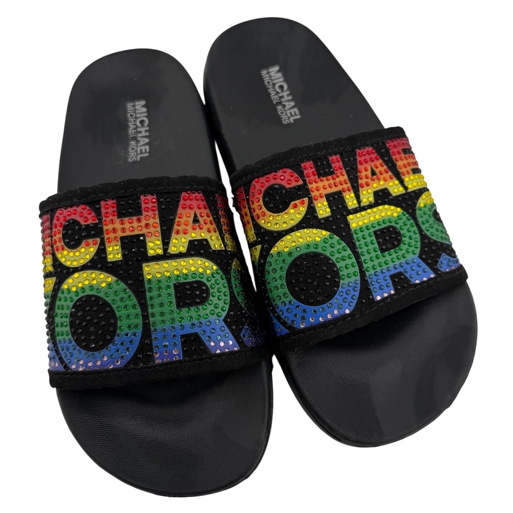 Michael Kors Slide‎ Sandals Kids 13 Black Good Rainbow Rhinestone Logo Slip On